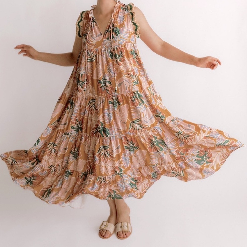 Jacquie The Label Tropical Print Maxi Tiered Dress • Crochet Details • NWT